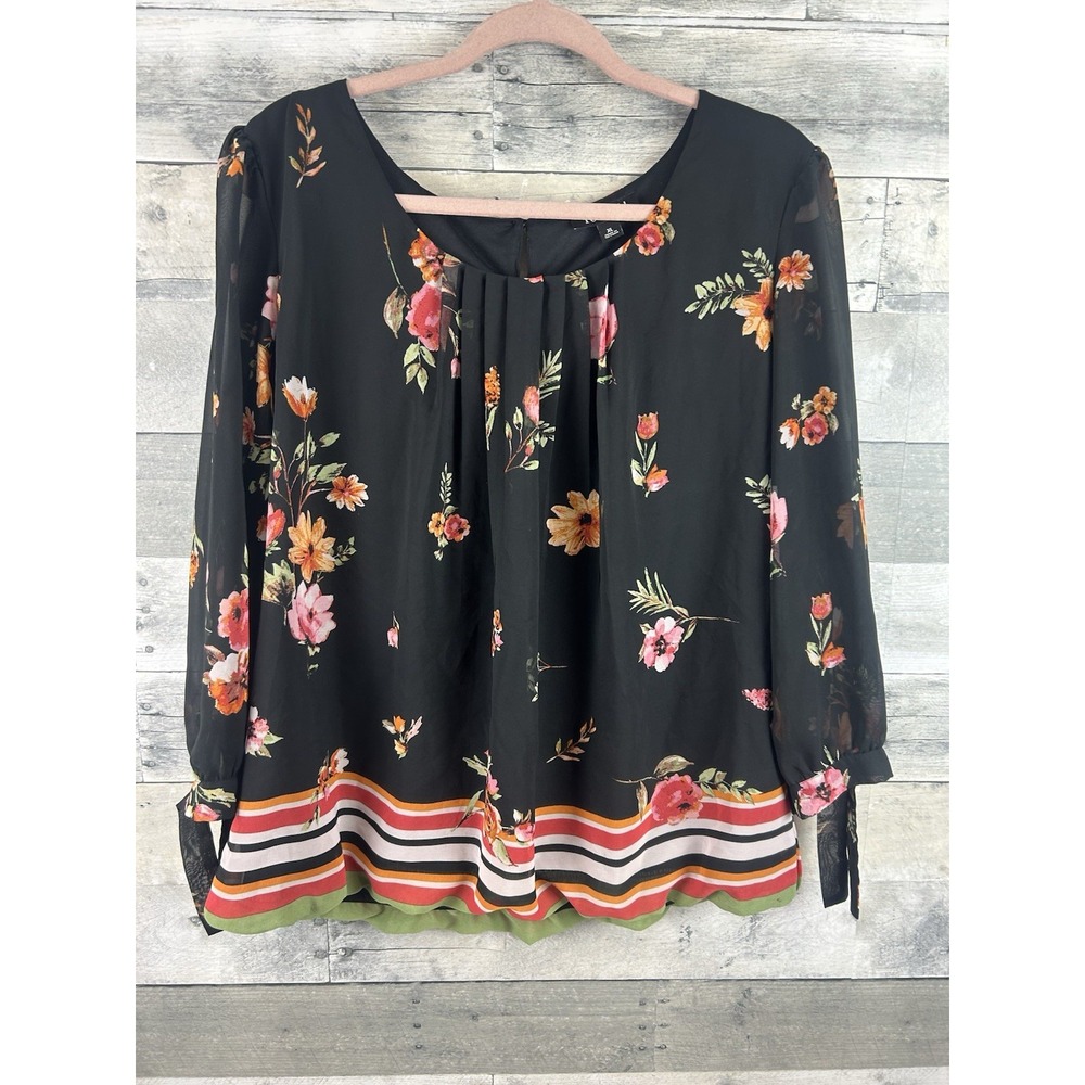 Roz & Ali XL Black Floral Long Semi Sheer Sleeve Blouse